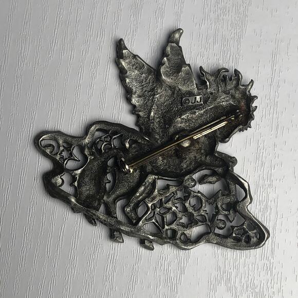Vintage Silver Tone Pegasus Flying Horse Mythical JJ Jonette Large Brooch Pin - Picture 7 of 9